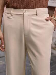 HIMLAND Men's Casual Woven Mid-Waist Wide Leg Pants, Suitable For Daily Wear Beige Pants For Men Men Flared Pants With Split Sides Men Flared Dress Pants Western Pants, For Fall, Old Money