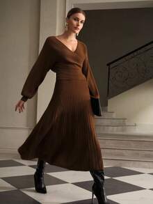 ZEYLAH 2pcs/Set Knitted V-Neck Off-Shoulder Knitted Sweater Set, Autumn/Winter - Coffee Brown - View 5