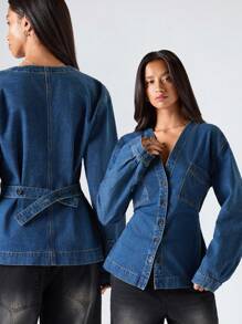 Muchica Áo sơ mi denim dáng rộng, cài cúc phía trước, kiểu dáng thường ngày, đã qua xử lý. - Màu xanh lam - Xem 7