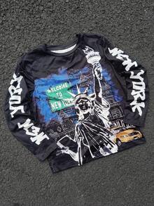 Coolane Tween Boys Fall Clothes,Streetwear , Statue Of Liberty Print Crew Neck Casual Long Sleeve T-Shirt, Back To School  , Homecoming Winter - Black - View 4