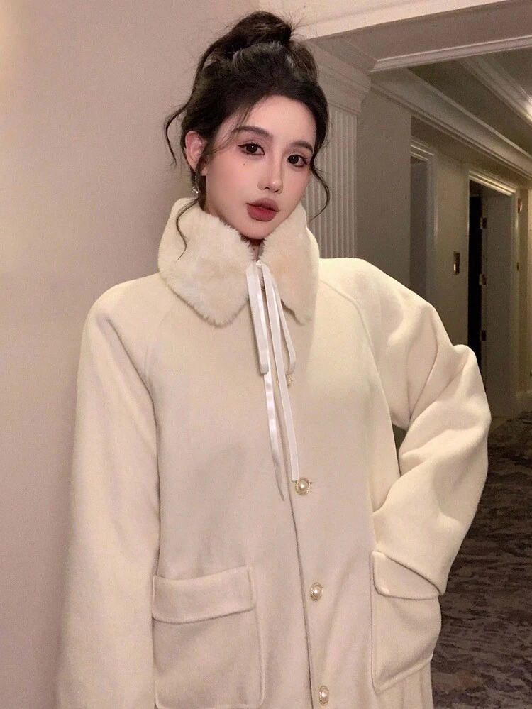 Women's Elegant Overcoat With Fur Collar And Bowknot, Autumn/Winter