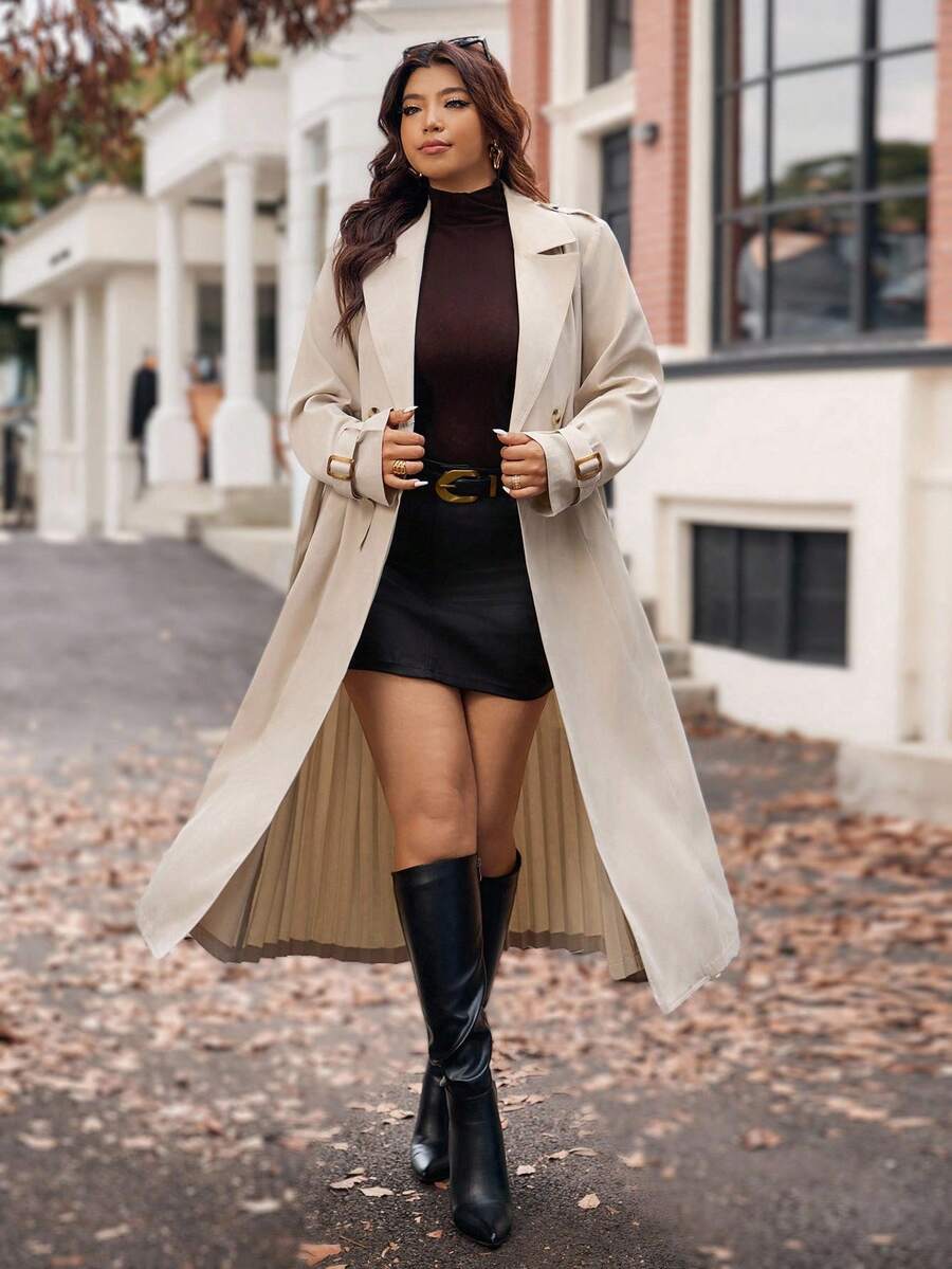 Vionelle Plus Size Women's Elegant French Style Long Trench Coat, Suitable For Commuting And Daily Wear, Autumn/Winter Winter Autumn Fall - Apricot - View 1