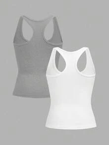 Slaydiva 2025 Sommer/Herbst Neue Lässig Basic Allround Weiß mit tiefem U-Ausschnitt und Damen Trägershirt, Zweierpack, Weiß + Hellgrau, Alltag, Treffen mit Freunden, Reisen, Abschluss, Brunch, Schulbeginn, Pendeln, vielseitig einsetzbar