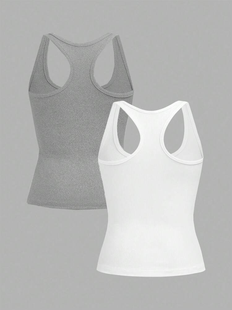 Slaydiva 2025 Summer /Fall New Casual Basic Casual All-Match White With Deep U-Neck And Women Tank Top , Two-Pack, White + Light Gray,Daily Travel, Friends Gathering, Travel, Graduation, Brunch, Back To School, Commuting, Versatile - Multicolor - View 2