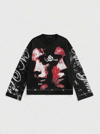 Street Life Men's Figure Graphic Crew Neck Long Sleeve T-Shirt, For Fall, 2000s Style