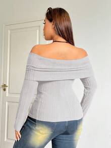 SHEIN EZwear 大码女式休闲露肩修身T恤，浅灰色，秋季 - 淺灰色 - 查看 2