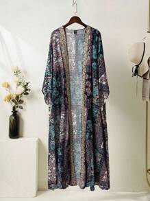 Al Najma Women's Solid Color Sleeveless Dress + Paisley Print Robe Arabic Style Set - Navy Blue - View 3