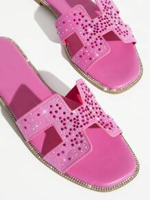 SHUZIA 新款夏季休閒時尚防滑編織平底涼鞋，裝飾的鑽石設計 - 玫紅色 - 查看 4