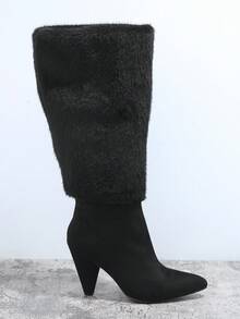 SHUZIA Fuzzy Cuff Pointy Toe Cone Heel Boots - Black - View 4