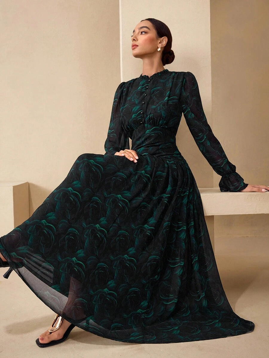 Graceveil Váy ôm họa tiết hoa voan tay bèo nhún dành cho nữ - Nhiều màu - Xem 1