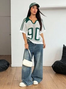 SHEIN PETITE 女士休闲镂空针织短袖上衣，假日，夏季，外出上衣，复古女式上衣，学院风上衣，沙滩，度假，绿白配色，欧洲夏季，街头风，图案T恤，秋季 - 白色 - 查看 9