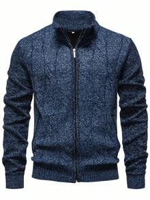 Manfinity Mode 男士休闲拉链针织开衫，春秋季，长袖上衣 - 藏蓝色 - 查看 1