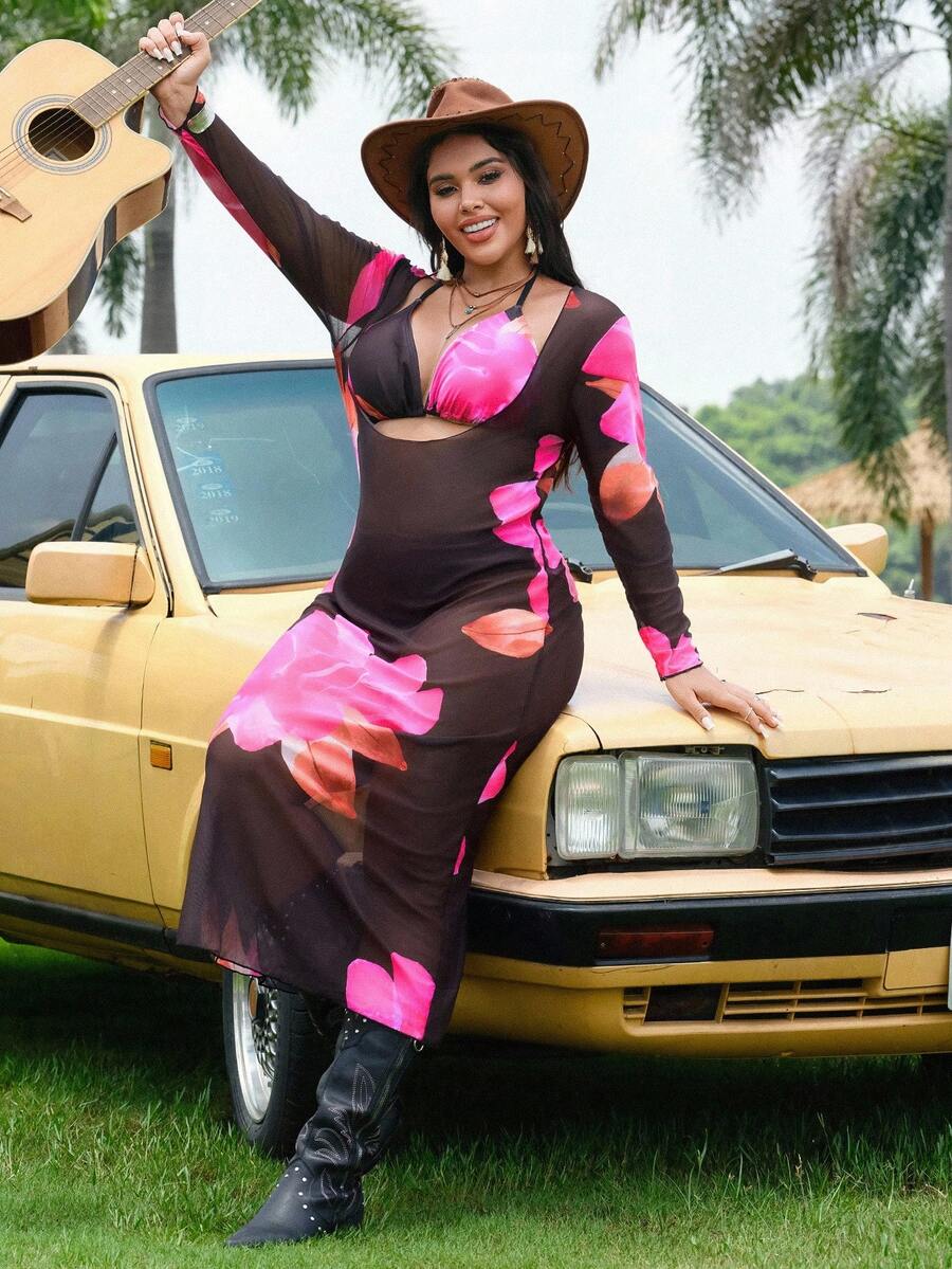 Swim Vcay 3pcs/Set Plus Size Women Random Print Long Sleeve Mesh Cover Up, Paired With Drawstring Bikini Swimsuit For Beach Resort, Sun Protection