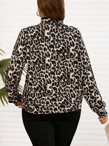 EMERY ROSE Plus Size Women Casual Leopard Print Blend Jacket, Autumn/Winter Fall - Black - View 3