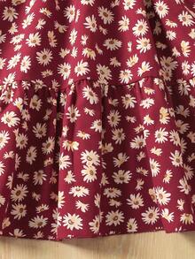 SHEIN 少女红色碎花针织拼布A字休闲度假连衣裙 - 紅色 - 查看 4