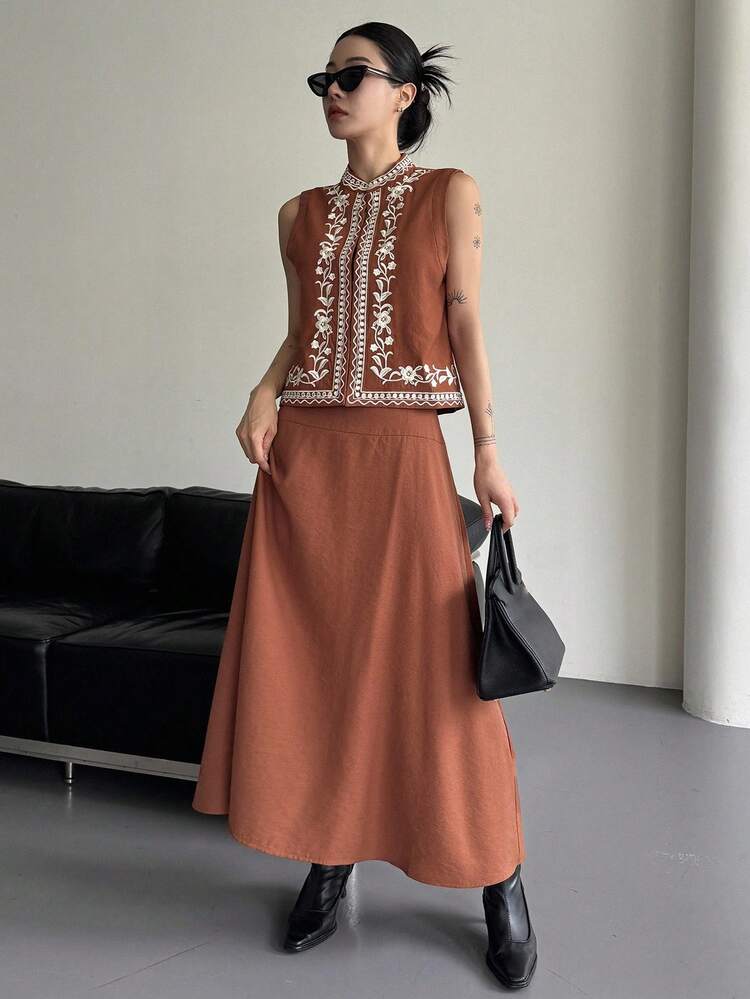 Women's Summer Casual Embroidered Collar Sleeveless Top And Skirt 2 Pieces Set