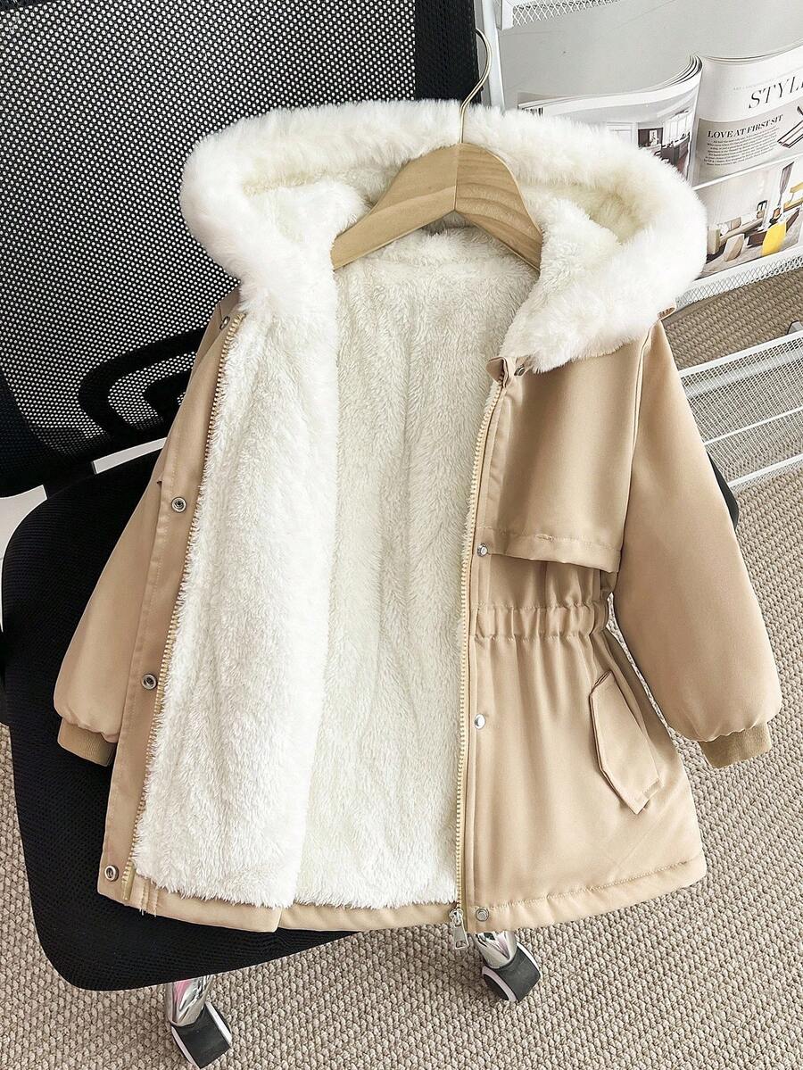 女童冬季新款拉链连帽仿毛领棉质外套，字母刺绣，修身腰部，罗纹袖口，时尚保暖加厚羽绒服，休闲百搭秋季外套 - 卡其色 - 查看 1