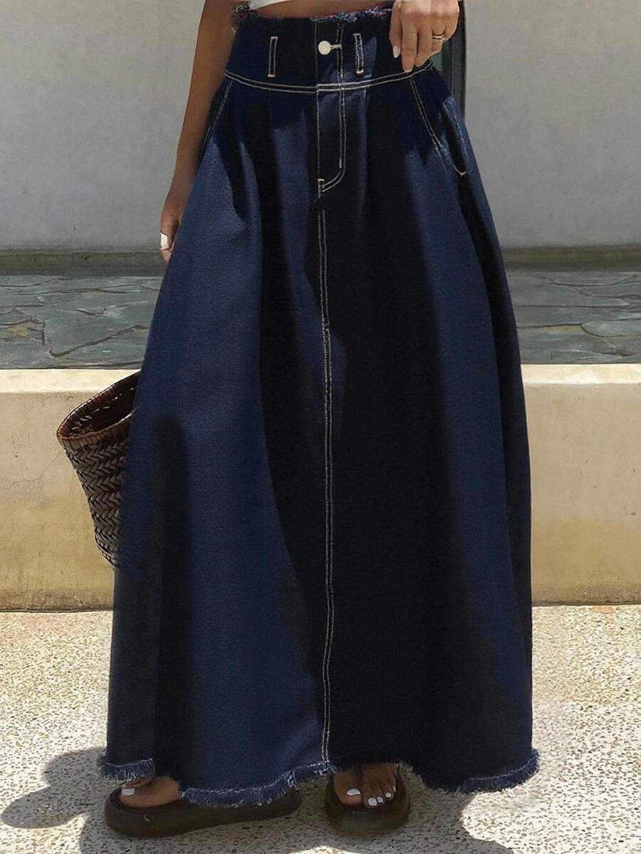 Livesso Summer New Loose Casual Distressed Washed Denim Skirt For Women - Dark Wash - View 1