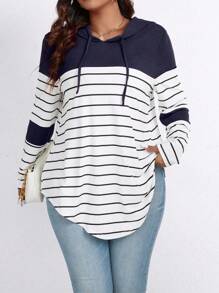 EMERY ROSE Camiseta de manga larga con capucha, bloques de color y rayas, con cordón, gráfica, para mujer, tallas grandes, para primavera y otoño - Azul Marino - Ver 4