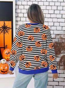 EMERY ROSE Halloween Casual Versatile Minimalist Blue White Black Contrast Stripe Letter Pumpkin Graphic Plus Size Sweatshirt, Suitable For Halloween, Autumn/Early Winter Fall - Multicolor - View 3