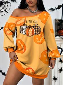 Maweii Plus Size Women Pumpkin Digital Print Oblique Shoulder Loose Knit Sweatshirt, Casual Chic Fashion Style