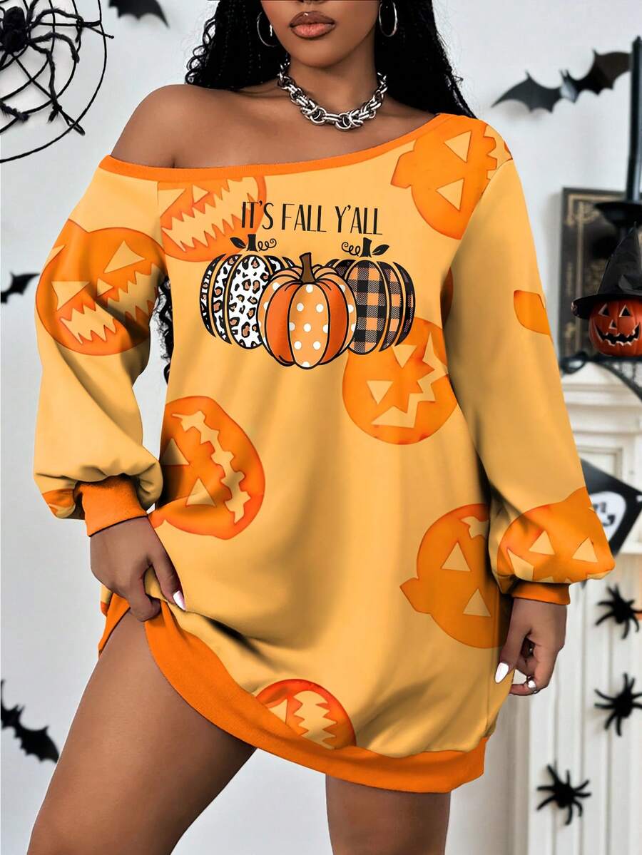 Maweii Plus Size Women Pumpkin Digital Print Oblique Shoulder Loose Knit Sweatshirt, Casual Chic Fashion Style
