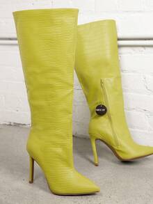 SHUZIA Wide Fit Crocodile PU Pointy Toe Knee High Stiletto Heel Boots - Olive Green - View 4