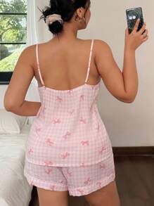 SHEIN Plus Size Bow Plaid Print Chiffon Camisole Pajama Set Babydoll Pajama Set Gingham Pajama Set Pink Pajama Set Women Sleepwear Set Two Pieces Pajama Set  Cozy And Elegant Details - Pink - View 4