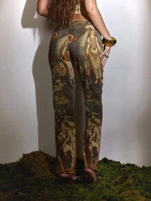 MUSERA 低腰拉链直筒印花牛仔裤，秋季可爱乡村西部风夜装Y2K街头风同步冬季派对时尚春夏 - 墨綠色 - 查看 4