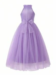 Elegant Light Blue Summer Lace Wedding Dress,Tween Girls Luxurious Light Purple Halter Neck Sleeveless Mesh Dress For Party,Flower Girl,Banquet - Mauve Purple - View 2