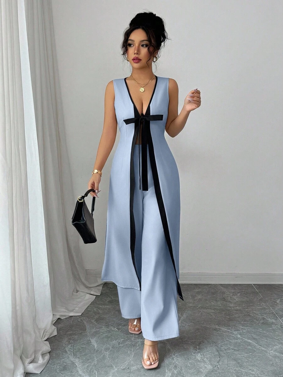 Selianne 时尚优雅年轻女性V领无袖上衣和阔腿裤两件套，休闲街头风格，春夏