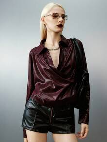 Airlisse Women's Autumn Stylish Textured V-Neck Waist Cinched Long Sleeve Blouse Fall Cloth For Women - Burgundy - View 7