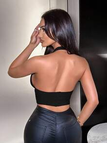 SHEIN SXY 秋冬女士短款黑色露背交叉针织上衣 - 黑色 - 查看 2