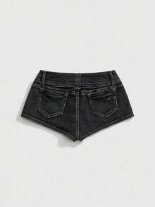 SHEINxHITOMI ROMWE Super Low Waist Vintage Distressed Skull & Rivet Decorated Women's Kpop Denim Shorts