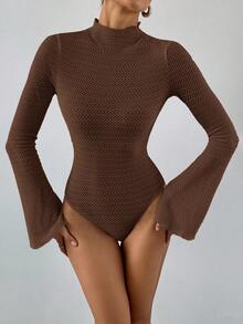 SHEIN Essnce 女士休闲长袖针织纯色立领荷叶边喇叭袖连体衣，修身长袖连体衣，适合日常休闲穿着，秋季款 - 咖啡棕 - 查看 4
