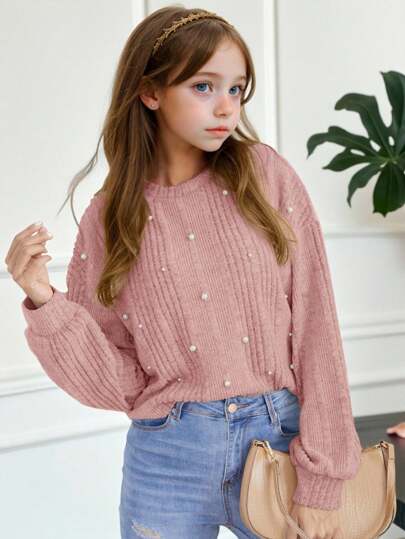 SHEIN Serisse Kids Tween Girl Tricô Fuzzy Canelado Cravejado Gola Redonda Solta Casual Manga Longa Camiseta Quente