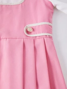 Vestido longo 2 em 1 para meninas, elegante, com renda floral, primavera/outono, com babados, zíper nas costas, botão floral na cintura, manga bufante, adequado para compras, férias, viagens, volta às aulas, pode ser combinado com jaqueta, colete - Rosa Melancia - Ver 5