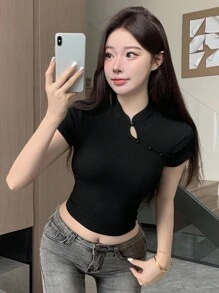 DAZY Women's Solid Color Stand Collar Hollow Out Short Sleeve T-Shirt - Black - View 1