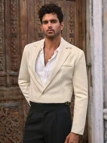 Manfinity NXTstreet 男士休闲撞色领宽肩纯色短款西装外套男士米色西装外套奶油色西装外套男士男士奶油色西装婚礼西装外套男士，老款，秋冬 - 杏色 - 查看 3