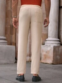 HIMLAND Men's Casual Ice Silk Crinkle Horse Print Mid-Waist Drawstring Tapered Pants, For Fall