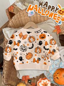 SHEIN 女婴休闲可爱万圣节南瓜、幽灵、蝴蝶结、蝙蝠图案宽松圆领舒适针织长袖运动衫，南瓜色，适合秋冬季 - 彩色 - 查看 3