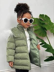 女婴可爱多功能保暖连帽羽绒服，秋冬季系带外套，女婴外套，女婴夹克，女婴毛边连帽外套，冬季外套 - 綠色 - 查看 6