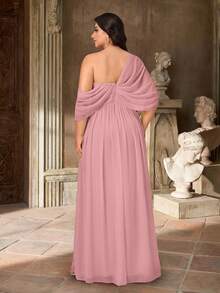 Aureia 加大码优雅浪漫粉色雪纺不对称露肩褶饰喇叭袖高开衩 A 字下摆连衣裙，适合婚礼、派对、度假、庆典、伴娘