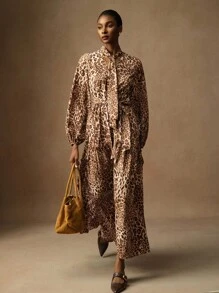Lyxana Abito a campana con stampa leopardata classica, vita elastica, scollo a V, maniche a lanterna, versatile ed elegante, adatto a varie occasioni e fasce d'età - Multicolore - Visualizzare 7