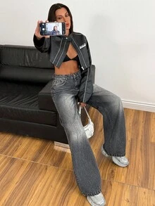 EURMUSE 低腰水洗細節寬腳寬鬆牛仔褲 Y2k 女款寬鬆牛仔褲 寬腿牛仔褲 - 灰色 - 查看 3