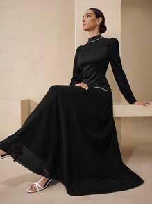 Graceveil Women's Satin Patchwork Mock Neck Pearl Decor Luxury Vintage Elegant Dress Fall Cloth For Women - Black - View 1