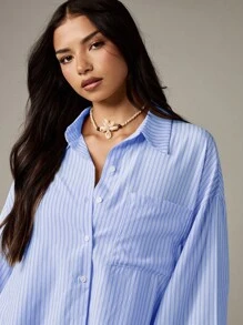 MISSGUIDED Áo sơ mi nữ tay dài cài nút dáng rộng, họa tiết kẻ sọc, công sở, mặc hàng ngày, xuân hè, nhẹ, có cổ - Màu xanh hải quân - Xem 5