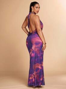 SHEIN BAE Nuevo vestido largo de mujer de talla grande con estampado floral para el verano, vestido de playa sexy con cuello drapeado para vacaciones - Morado - Ver 2