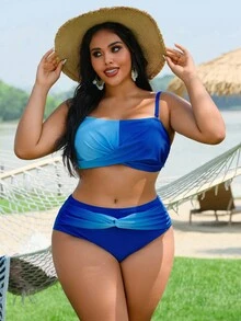Slaydiva Conjunto de traje de baño de 2 piezas con estampado digital degradado sexy tipo bandeau para mujer de talla grande, ropa de playa y piscina de alta gama - Multicolor - Ver 4