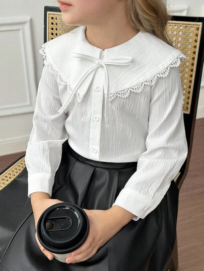 SHEIN 年轻女孩宽松休闲简约舒适灯笼袖荷叶边泡泡袖白色长袖衬衫，返校休闲日常穿着